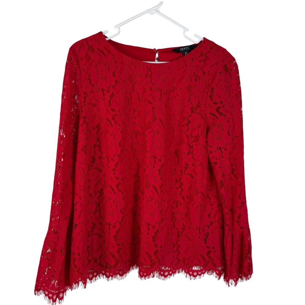 Isaac Mizrahi Red Lace Bell Sleeve Blouse Women's L Floral Sheer‎ Valentines Day